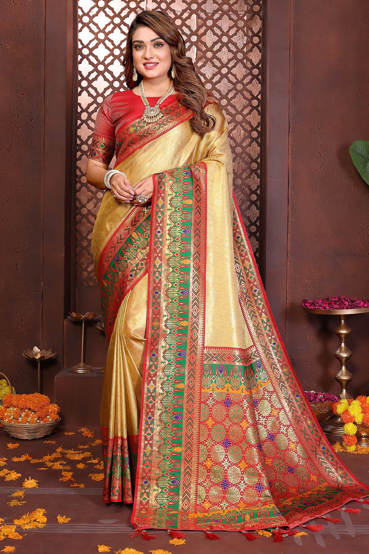 Buy Gold Fancy Tissue Silk Saree for women by Aastha Fashion online available at scrollnshops