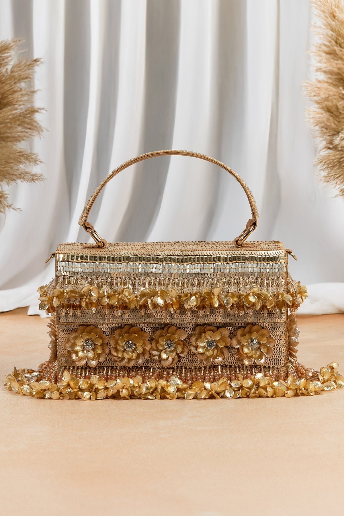 Buy Gold Floral Sequins Work Clutch for women by the Purple sack online available at scrollnshops