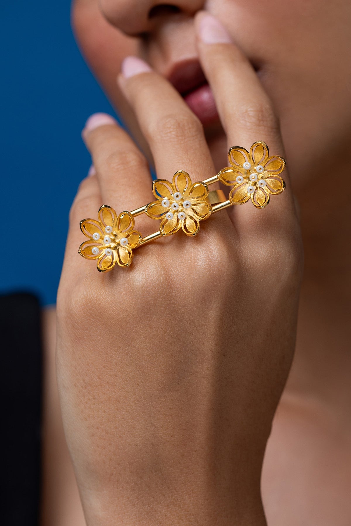 Buy Gold Flower Three Finger Ring for women by Ethnic Andaz online available at scrollnshops