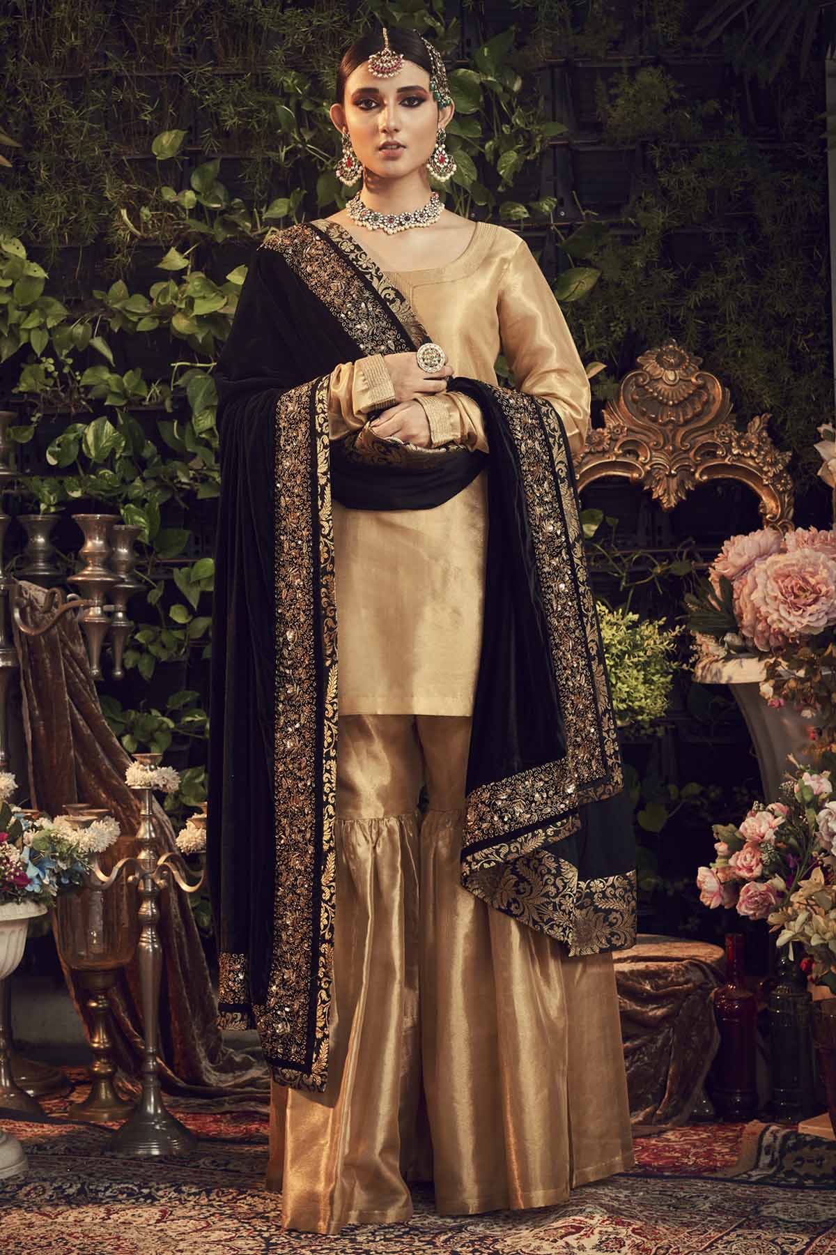 Designer Ranian Oxidised gold kurta set with silk tissue kurta, gharara pants and black silk velvet dupatta shawl with zardosi border For Women Online at ScrollnShops