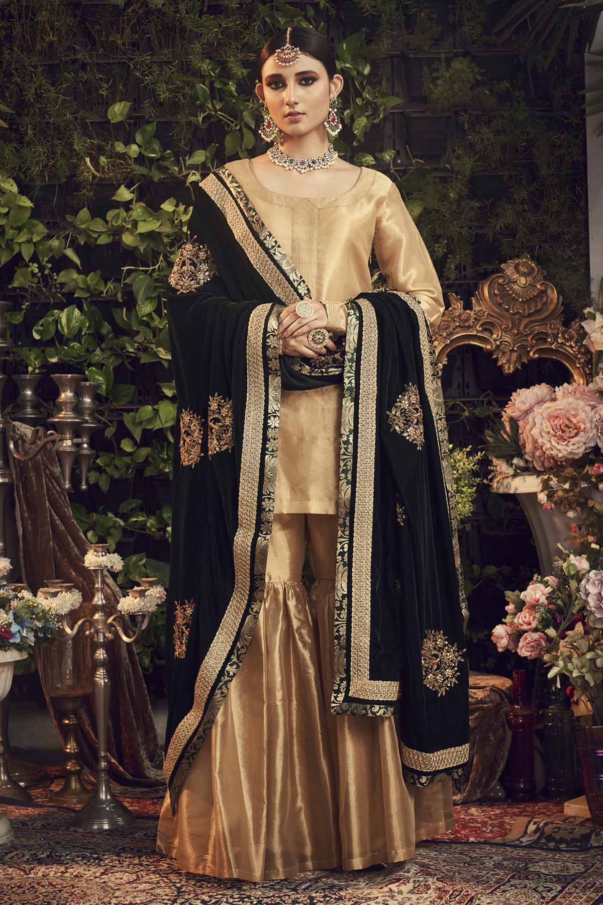 Designer Ranian Oxidised gold kurta set with silk tissue kurta, gharara pants and sacramento green silk velvet dupatta shawl with zardosi bootas all over For Women Online at ScrollnShops