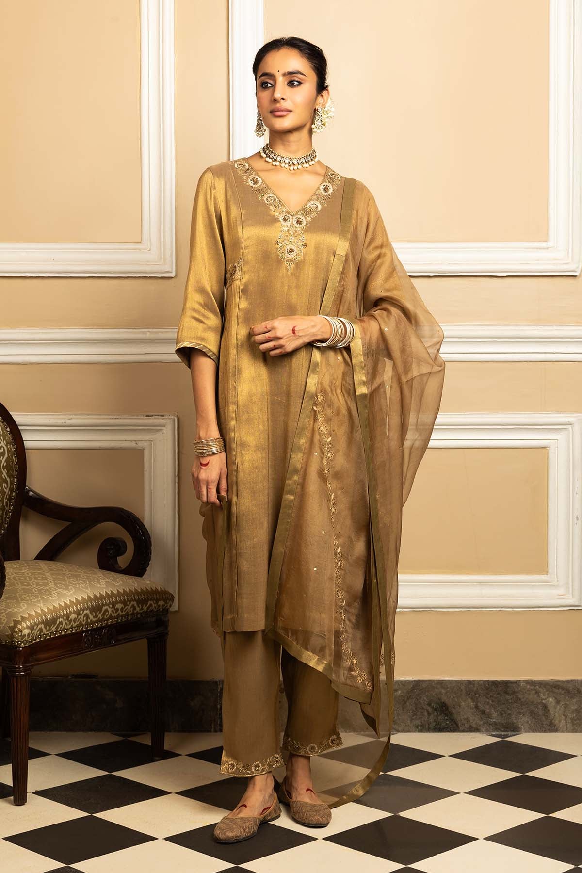 Buy Gold Gota Embellished Kurta Set by Dohr India for women online at ScrollnShops