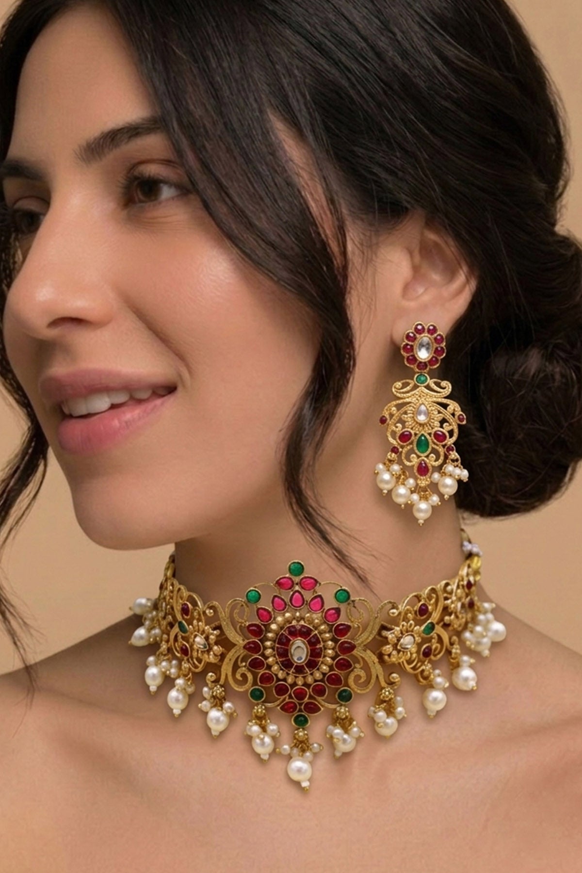 Buy Gold Green Floral Jewellery Set for women by Inko & Co online available at scrollnshops
