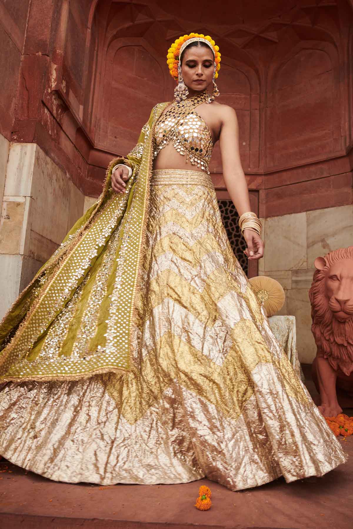 Gold Halter Neck Lehenga Set
