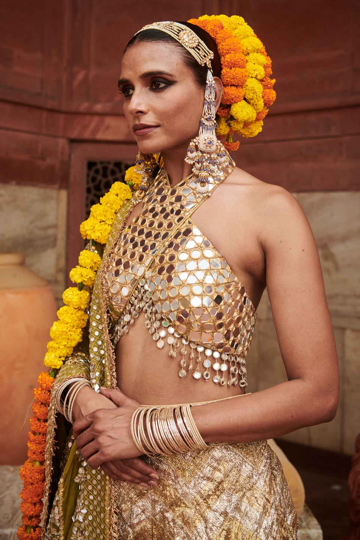 Gold Halter Neck Lehenga Set