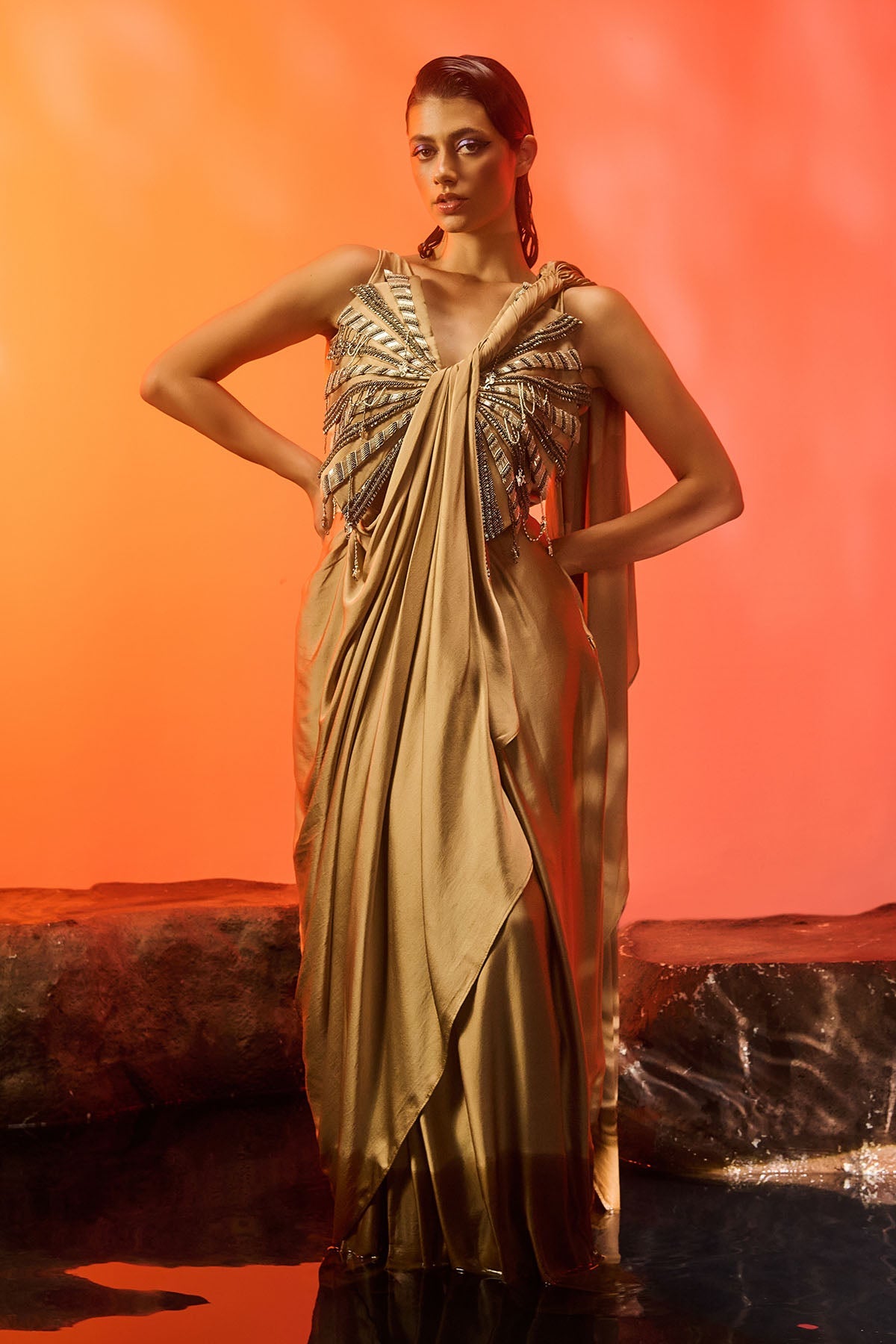 Buy Gold Hand Embroidered Saree Gown by Asaaye for women online at ScrollnShops