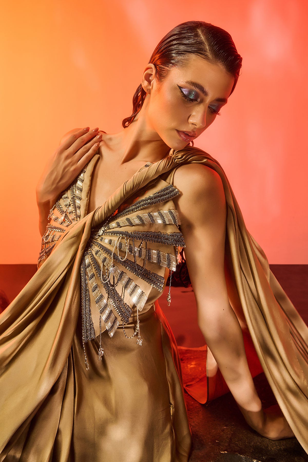 Gold Hand Embroidered Saree Gown