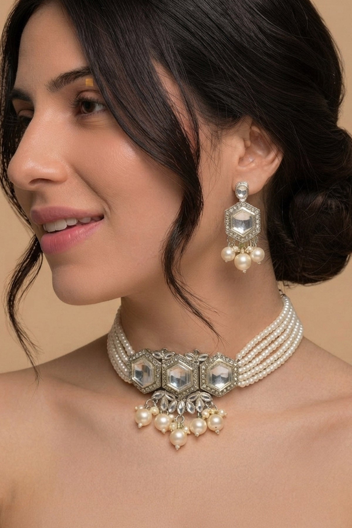 Buy Gold Hexagonal Pearl Choker Set for women by Inko & Co online available at scrollnshops
