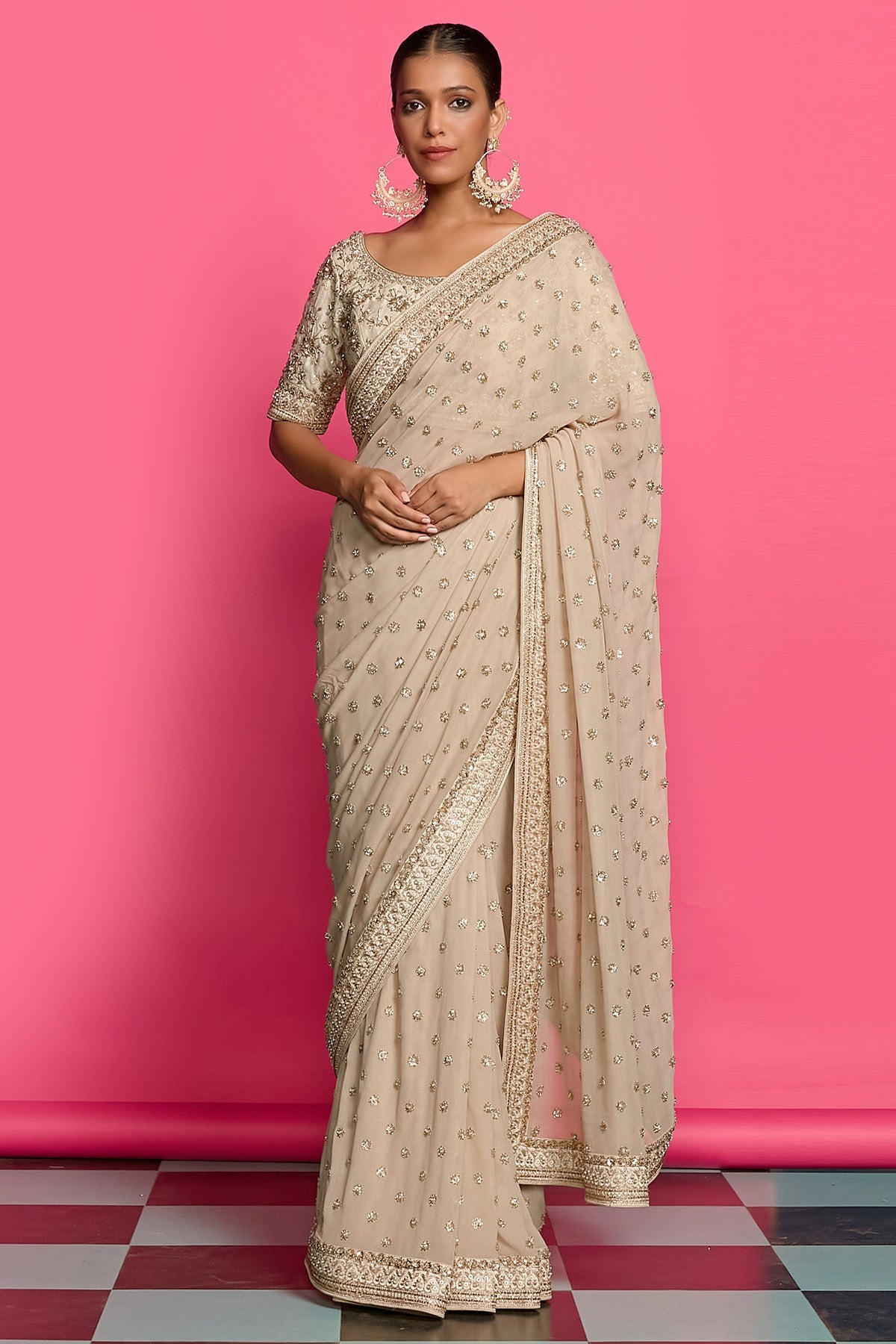 Buy Gold & Ivory Dabka Saree Set for women by Priyanka Jain online available at scrollnshops
