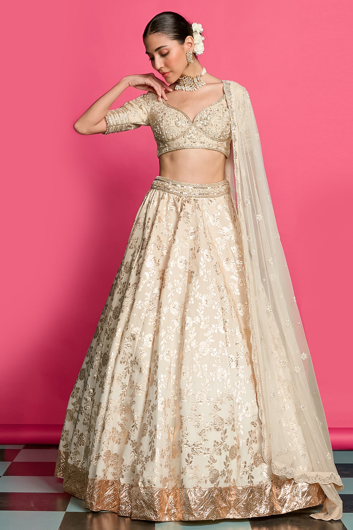 Gold Ivory Zardozi Lehenga Set