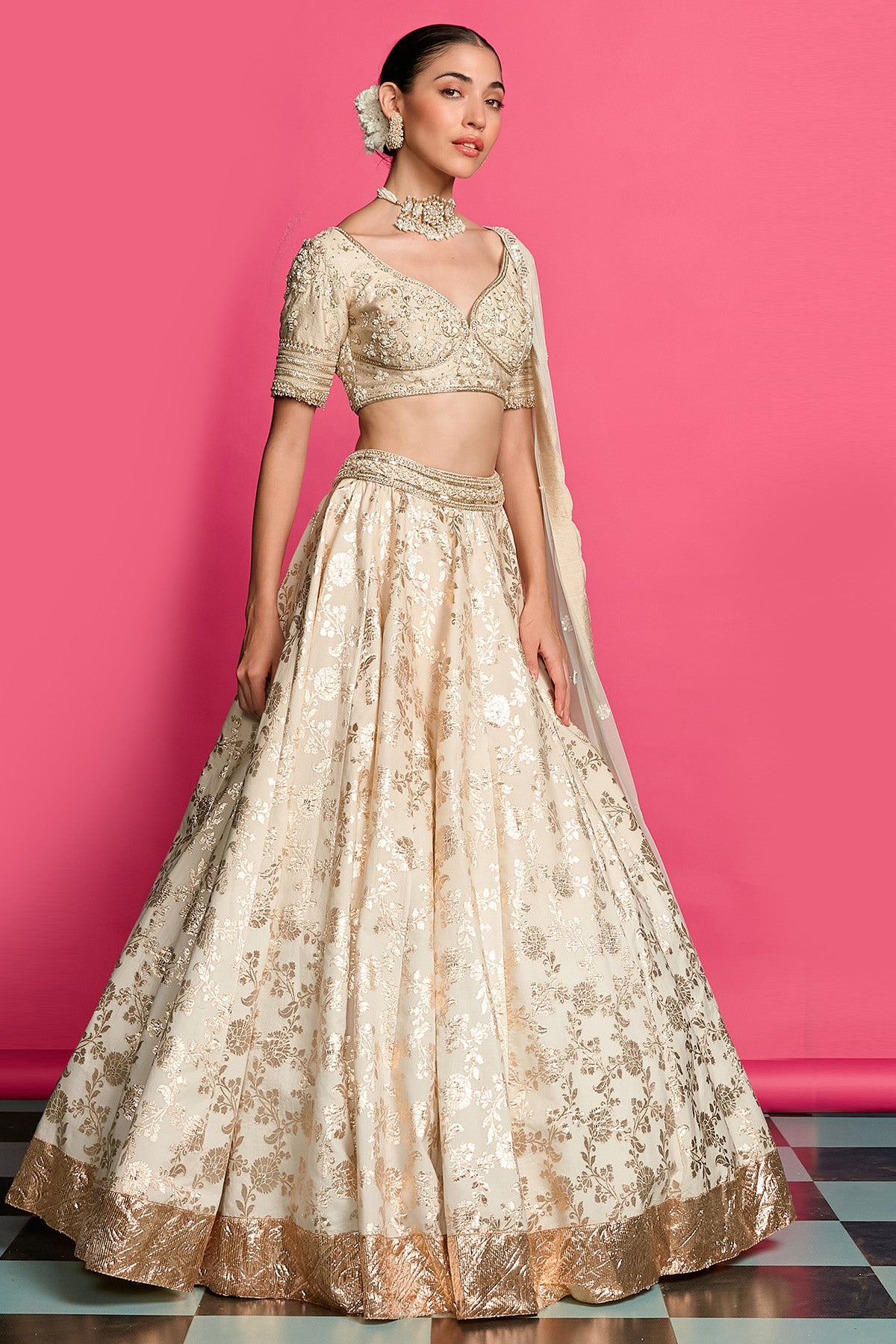 Gold Ivory Zardozi Lehenga Set