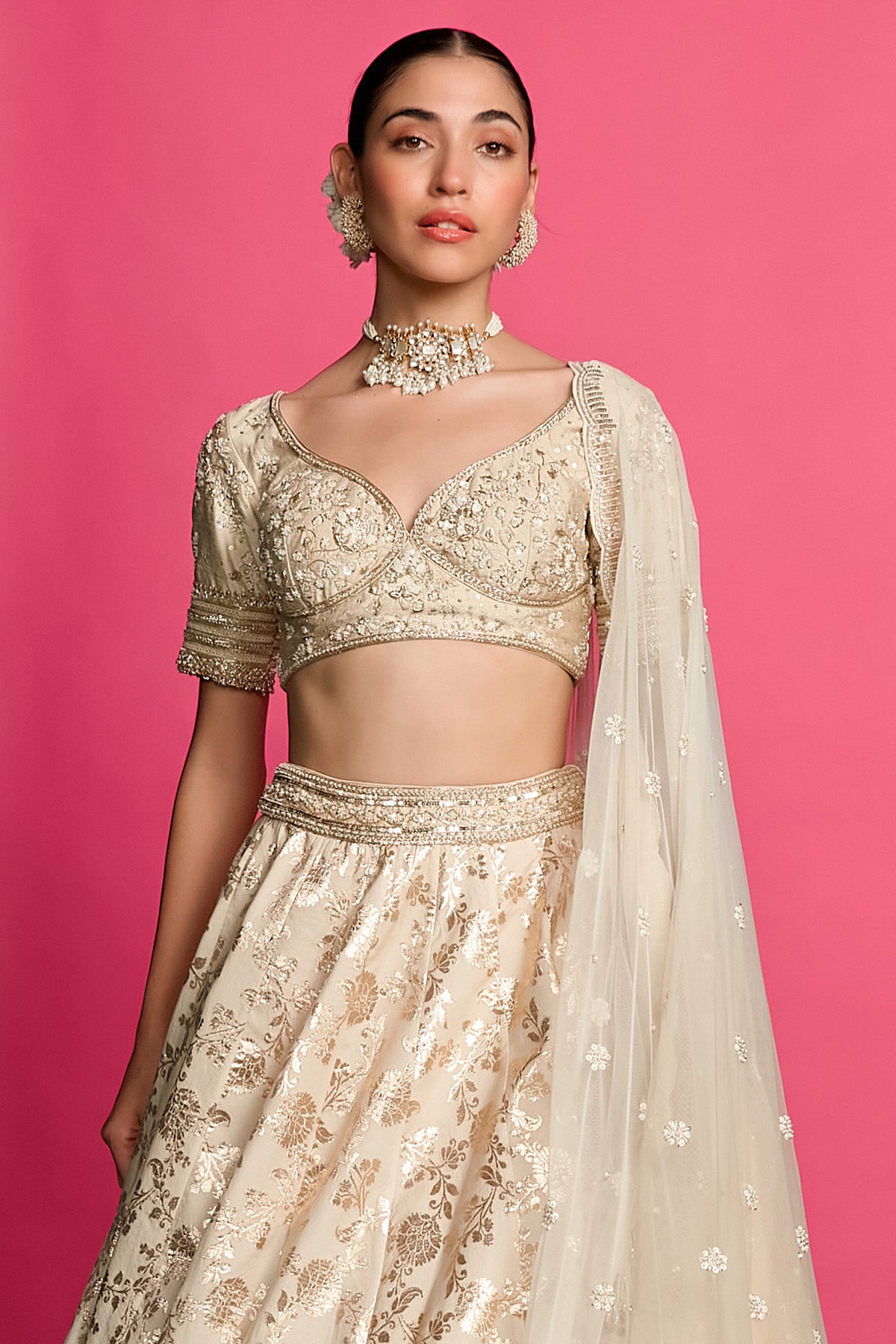 Gold Ivory Zardozi Lehenga Set