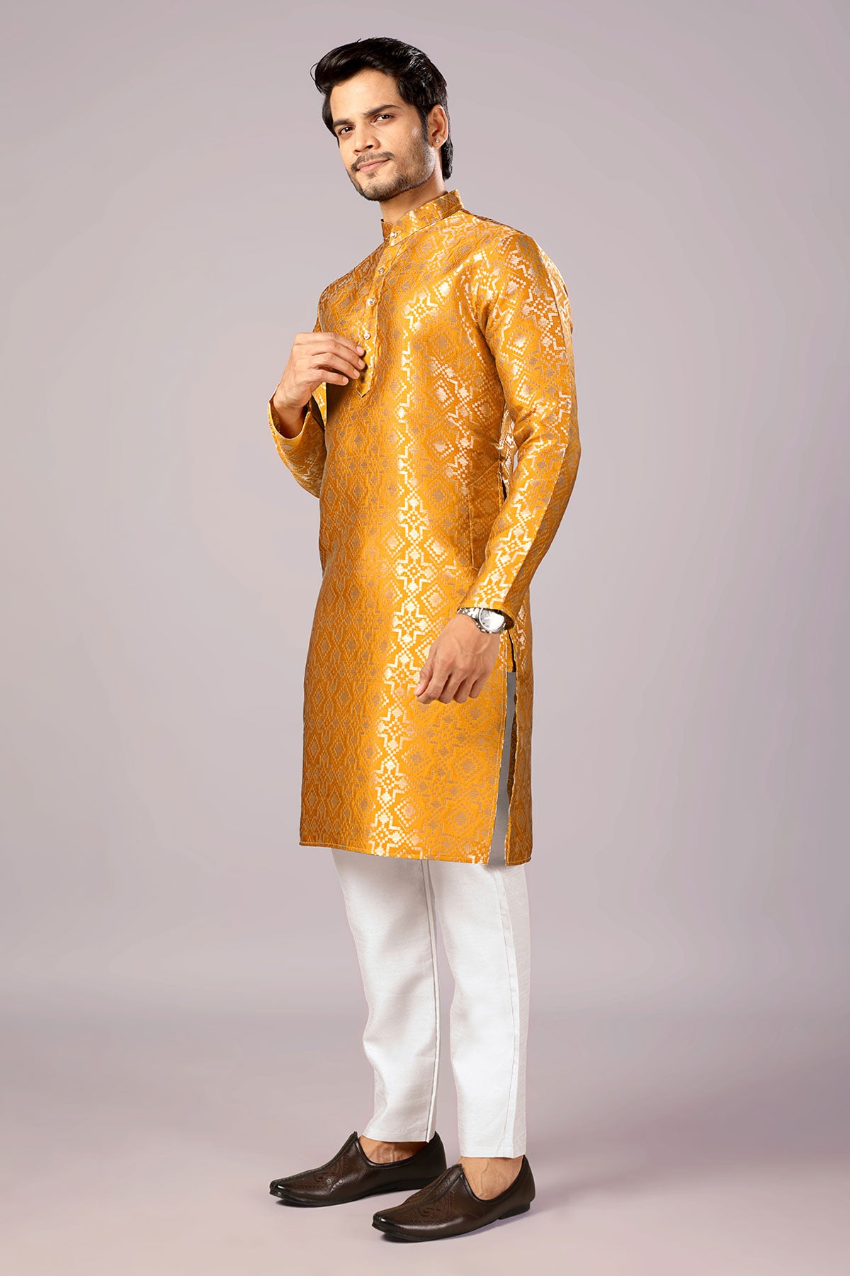 Gold Jacquard Embroidered Kurta