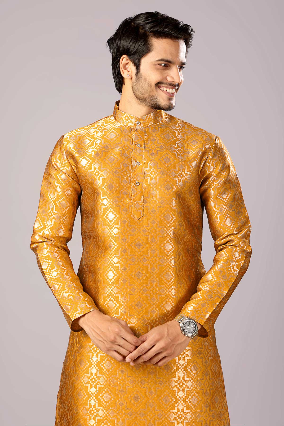 Buy Gold Jacquard Embroidered Kurta for women by Priyanka Jain online available at scrollnshops