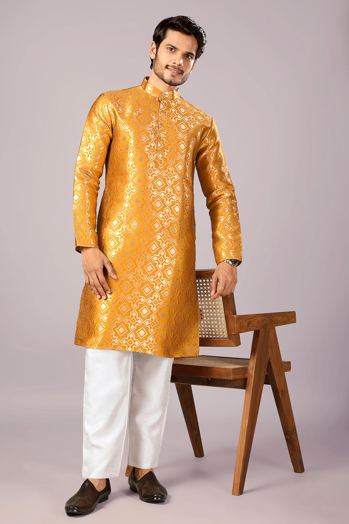 Gold Jacquard Embroidered Kurta