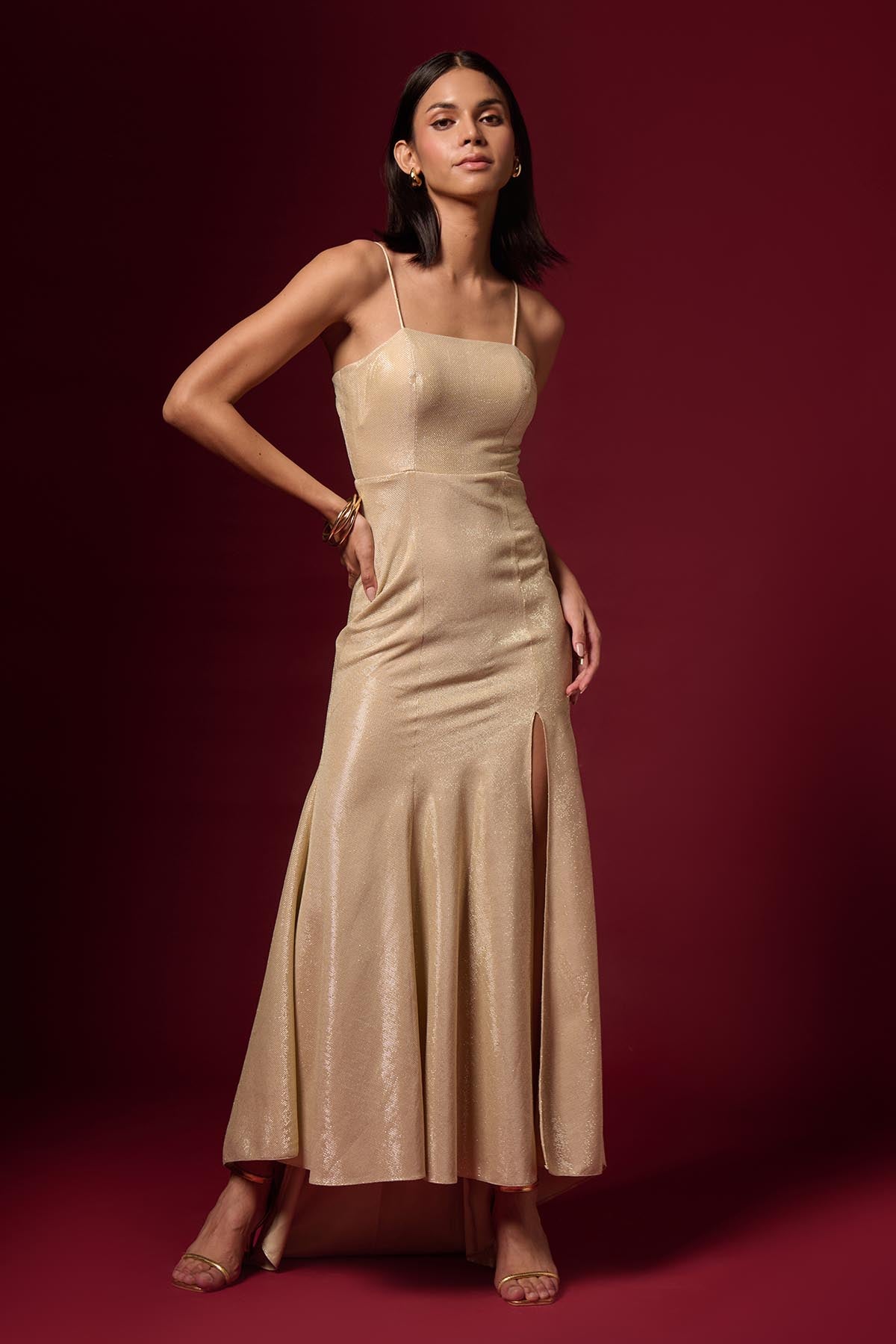 Buy Gold Jersey Shimmer Maxi Dress by Emblaze for women online at ScrollnShops