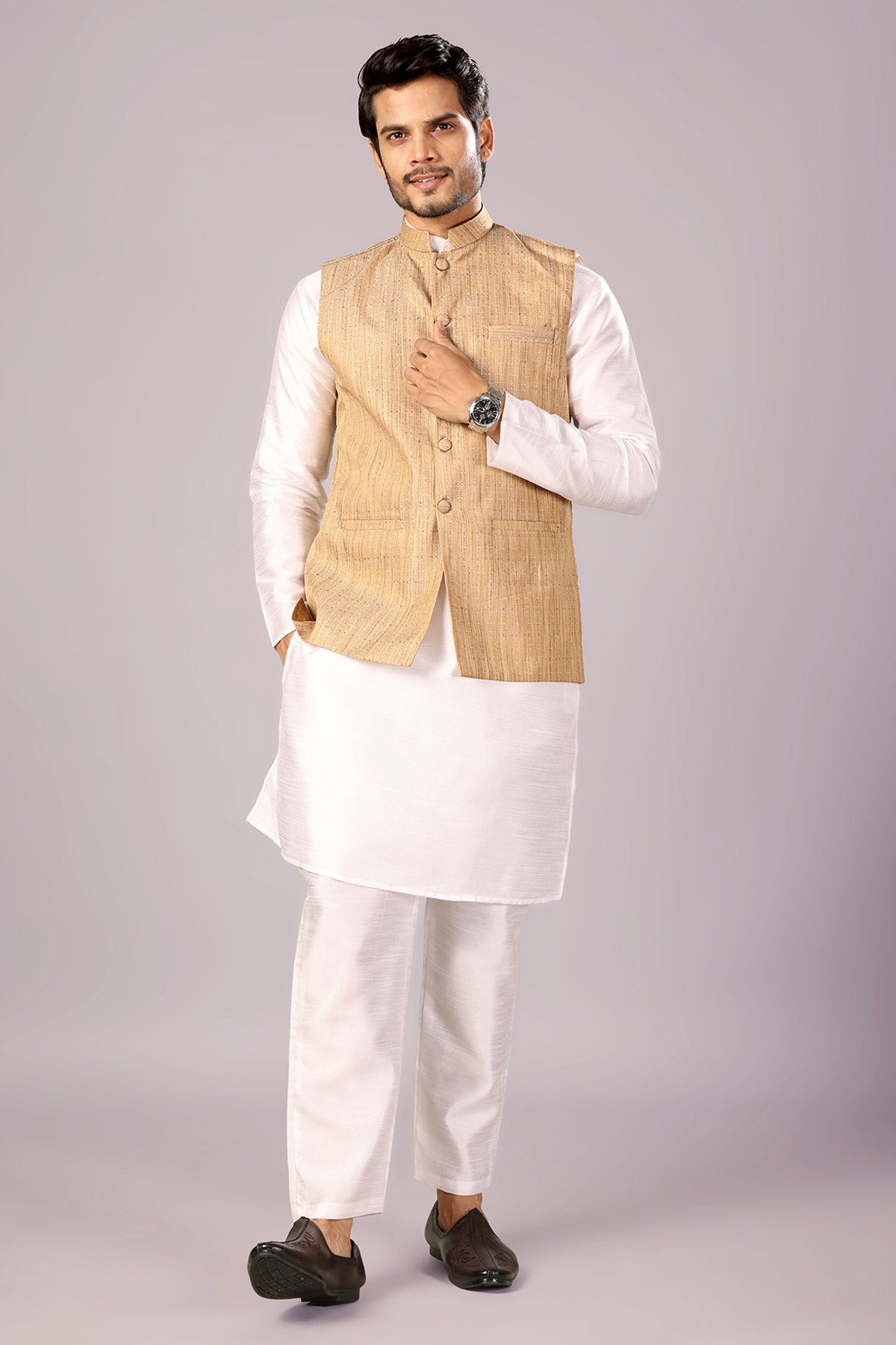Gold Khadi Cotton Bundi Jacket