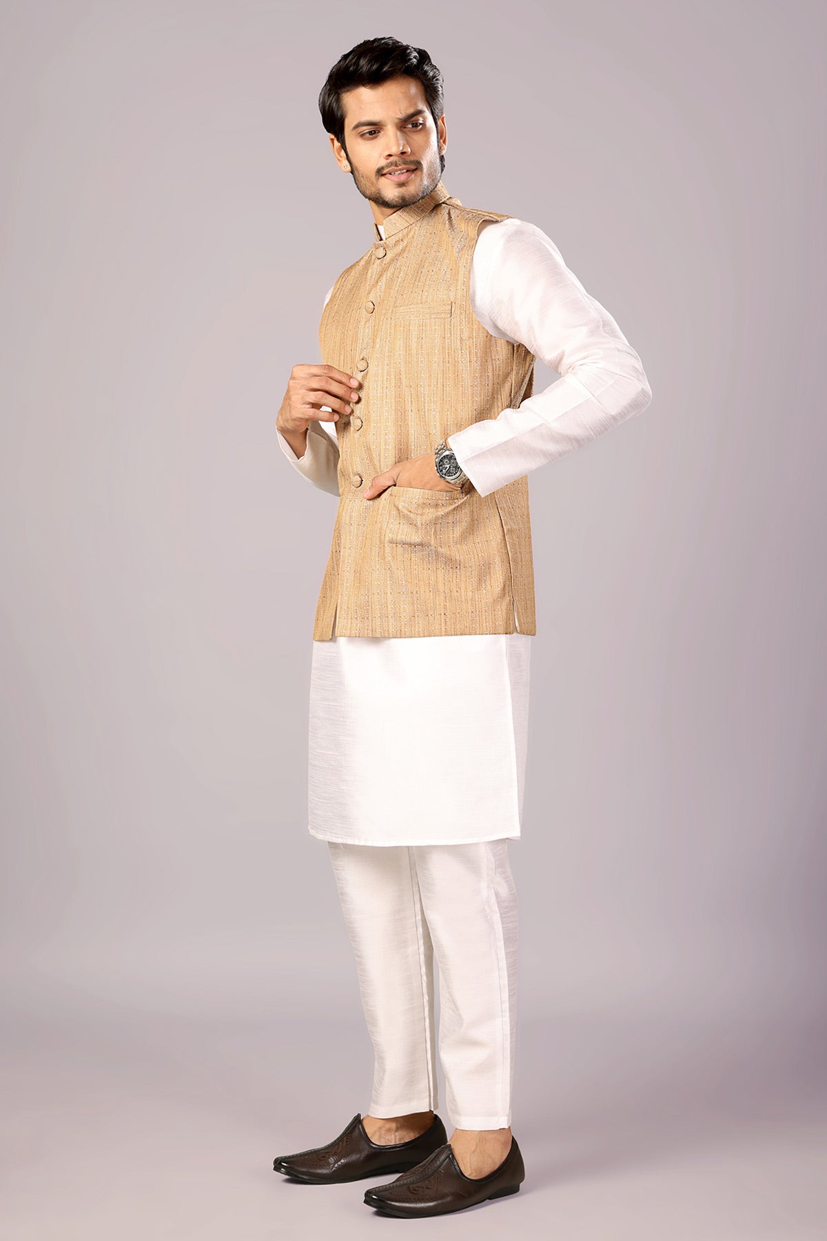 Gold Khadi Cotton Bundi Jacket