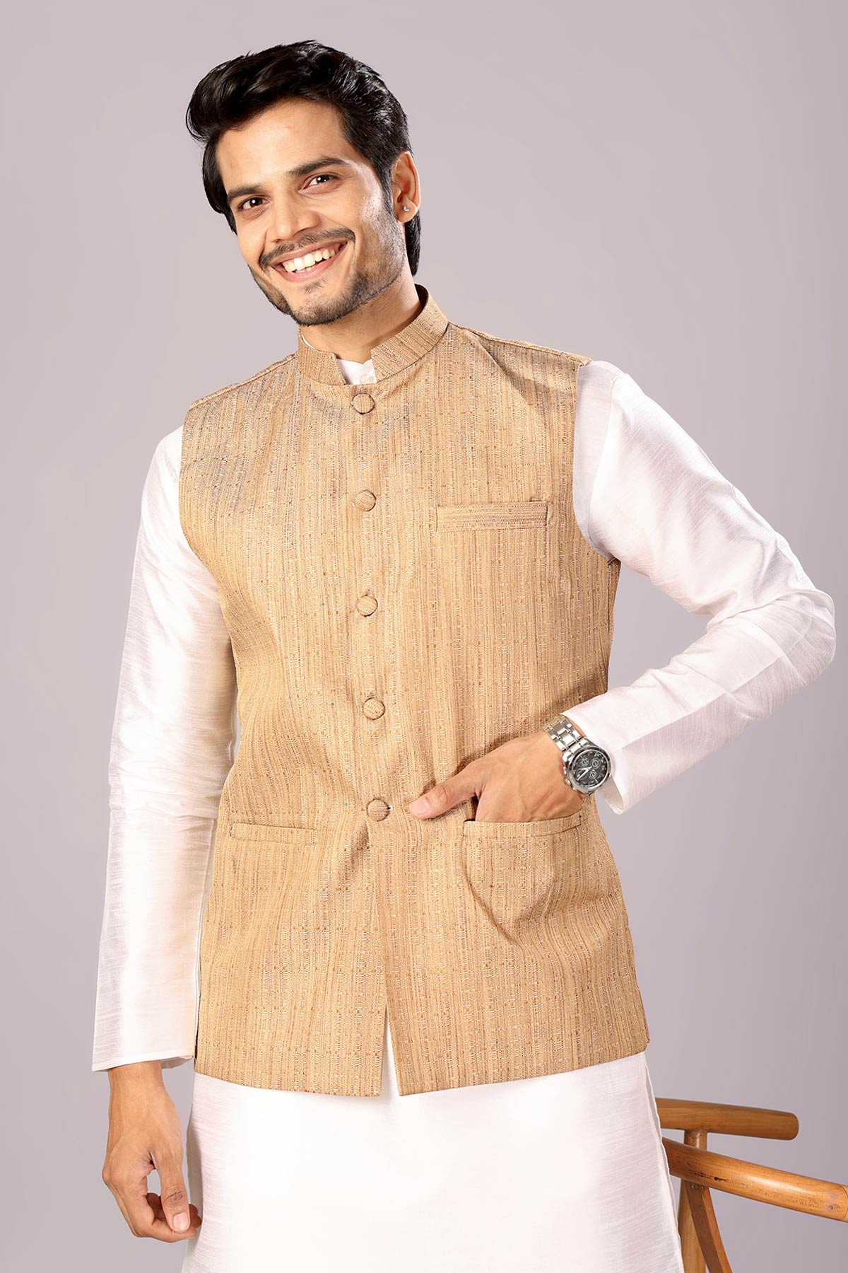Buy Gold Khadi Cotton Bundi Jacket for men by Aastha Fashion online available at scrollnshops