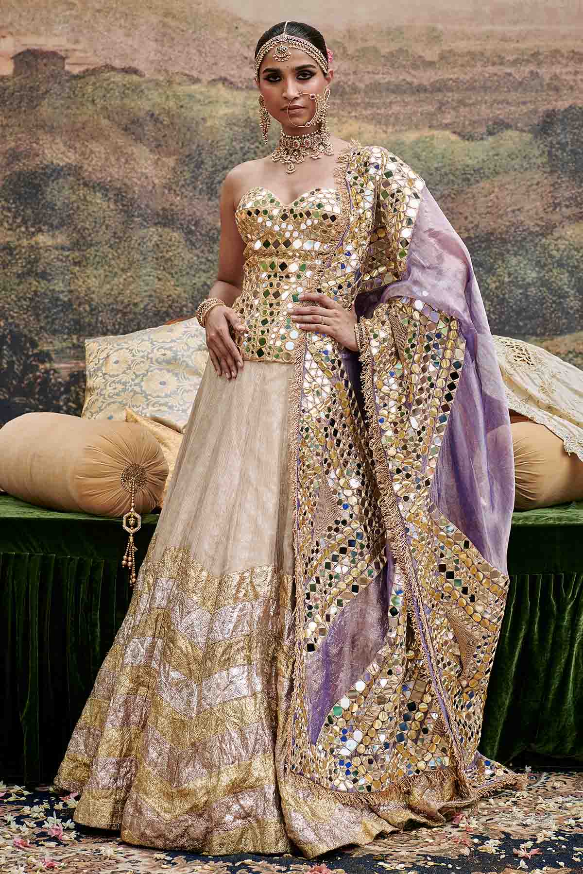 Buy ITRH, Designer Gold Lampi Printed Lehenga Set Online
