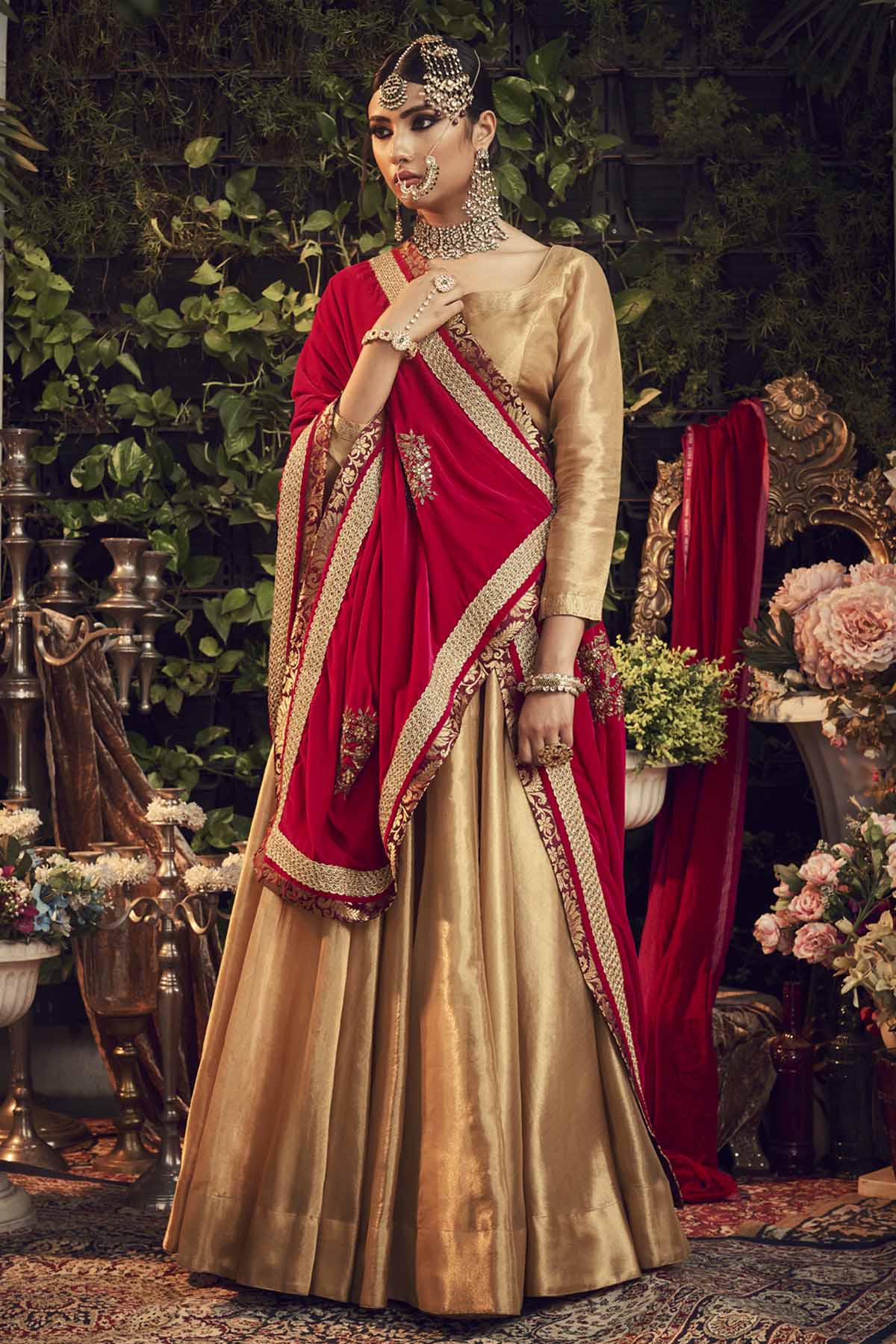 Designer Ranian Oxidised gold kurta set with silk tissue lehenga, blouse and crimson wine silk velvet dupatta shawl with zardosi bootas all over For Women Online at ScrollnShops