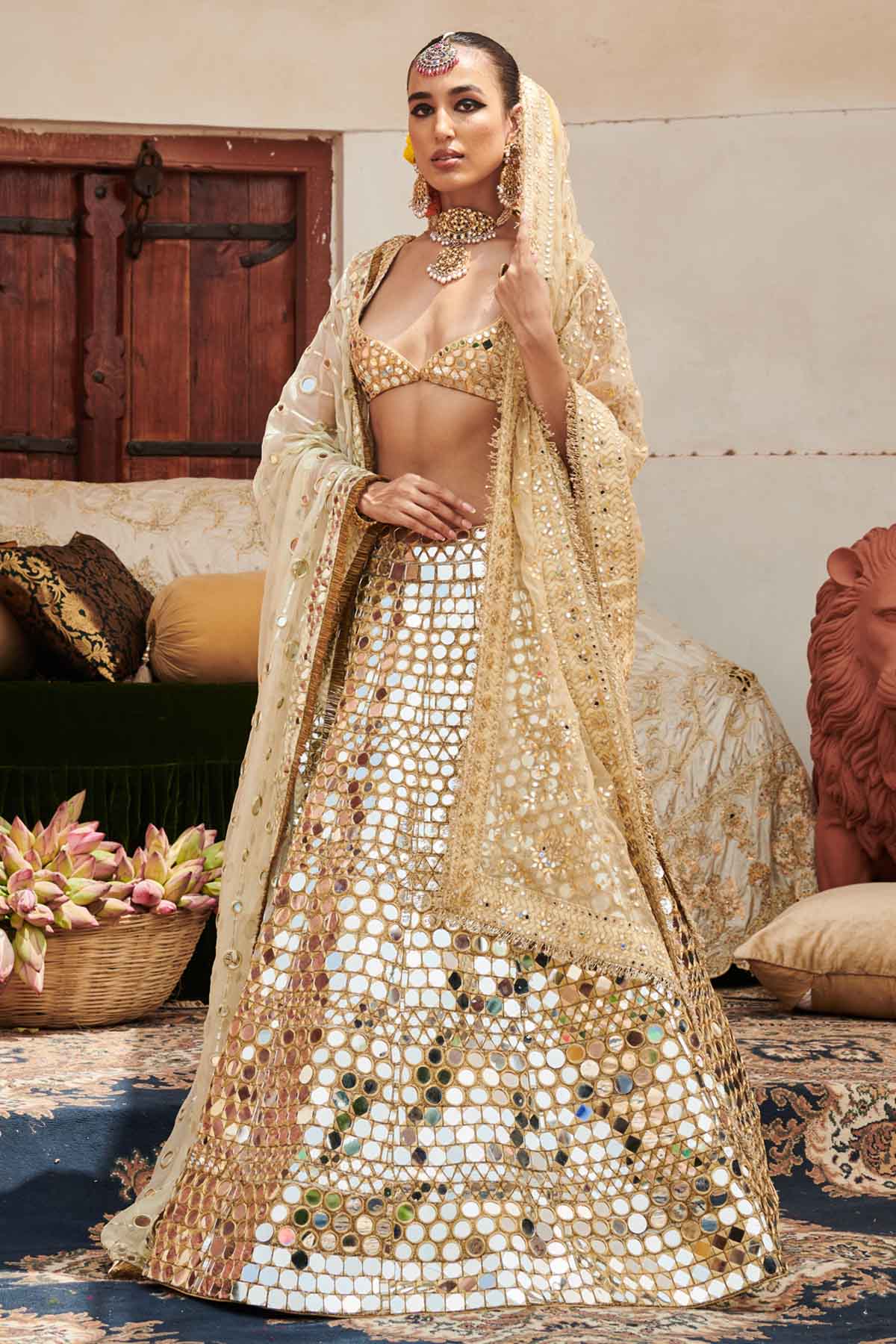 Buy ITRH, Designer Gold Mirror Lehenga Set & Veil Online