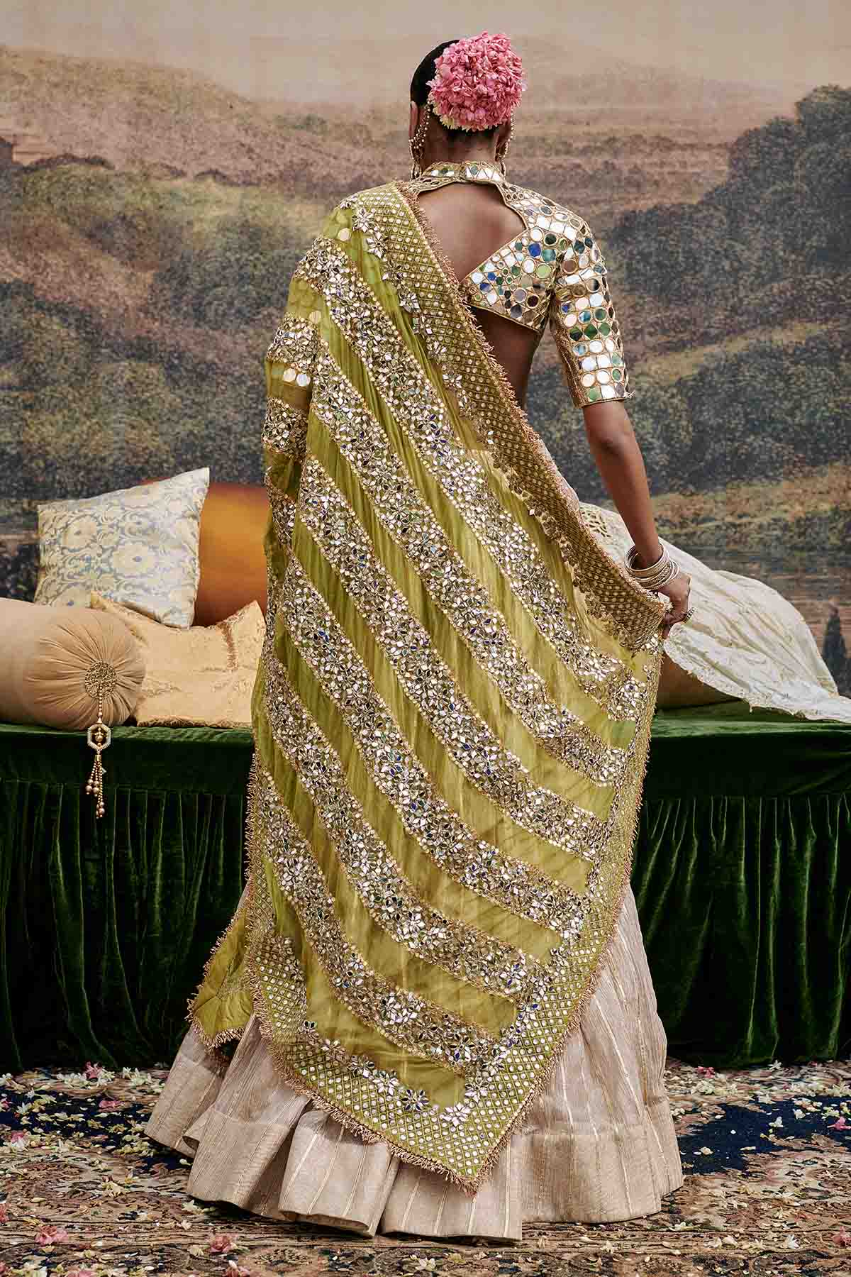 Gold Mirror Work Lehenga Set