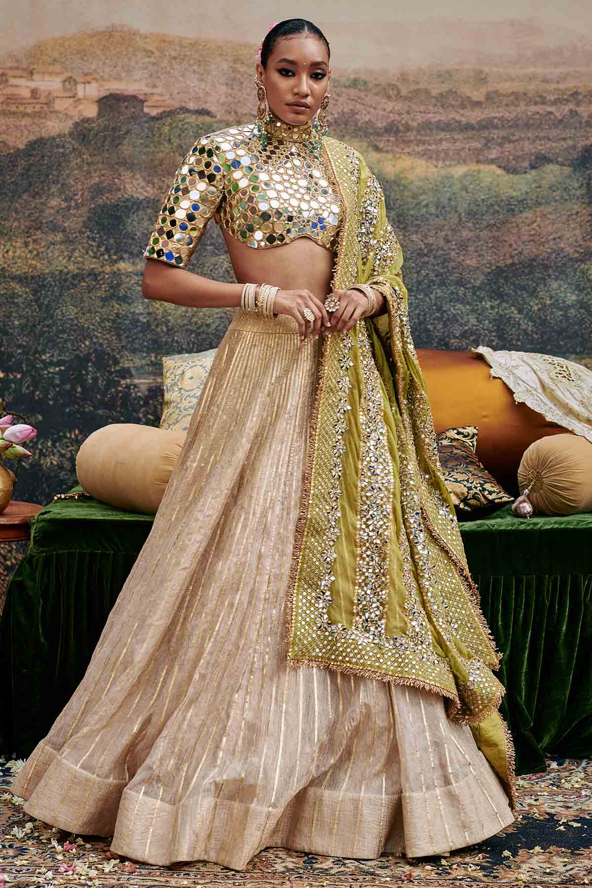 Buy ITRH, Designer Gold Mirror Work Lehenga Set Online