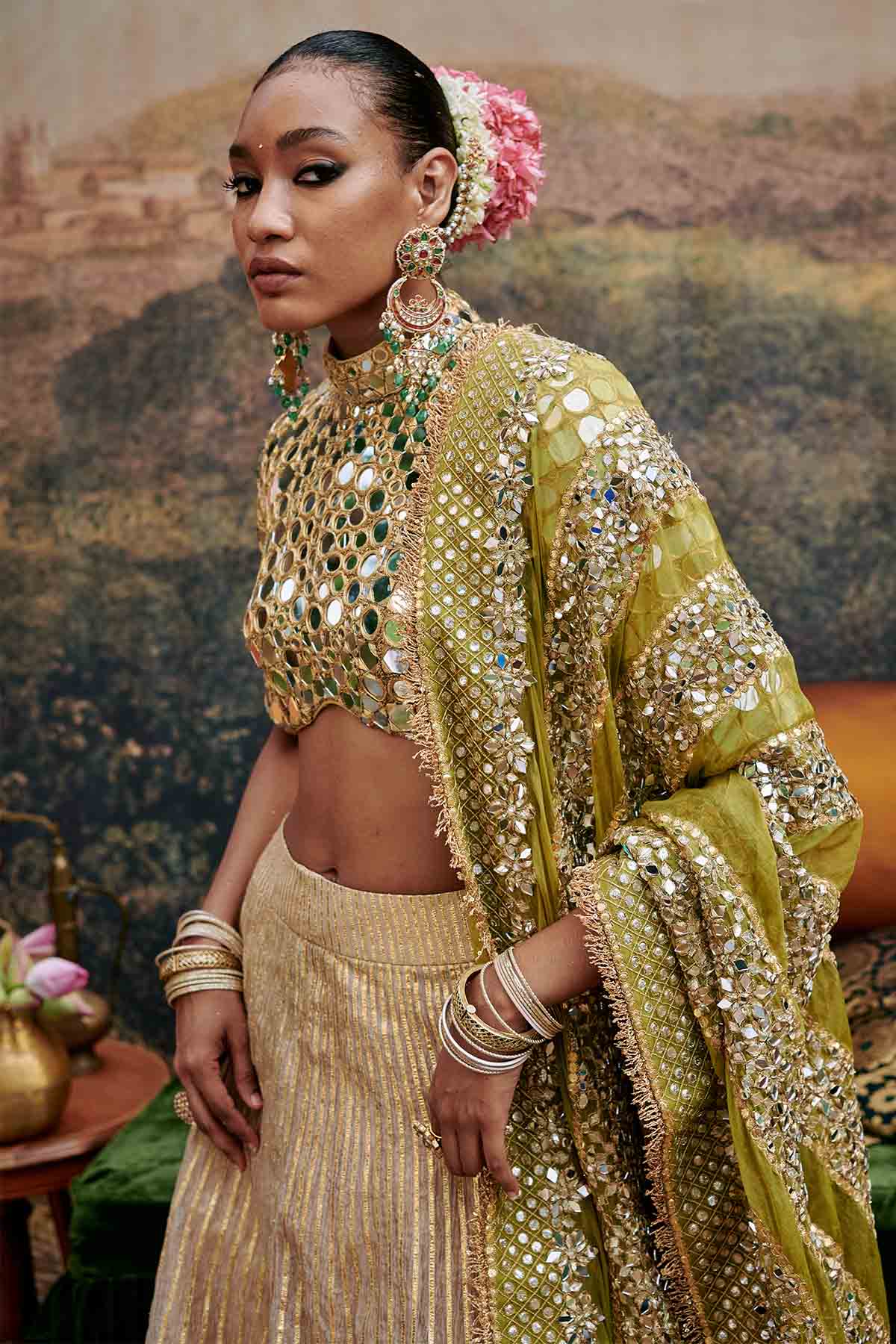 Gold Mirror Work Lehenga Set