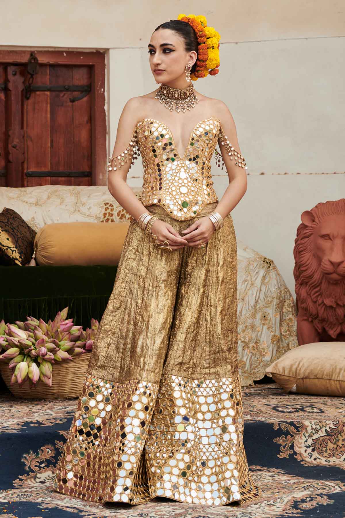Gold Mirror Work Sharara Set