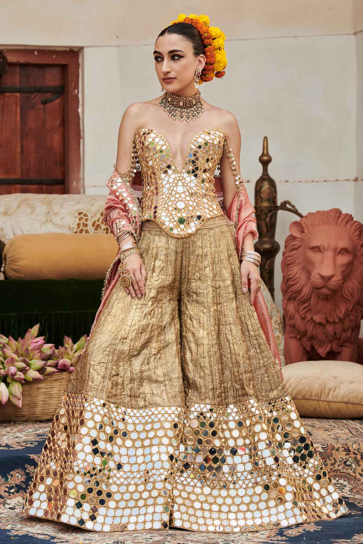 Buy ITRH, Designer Gold Mirror Work Sharara Set Online