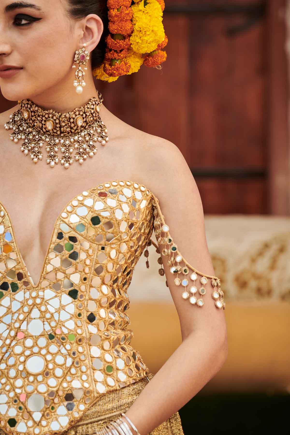 Gold Mirror Work Sharara Set