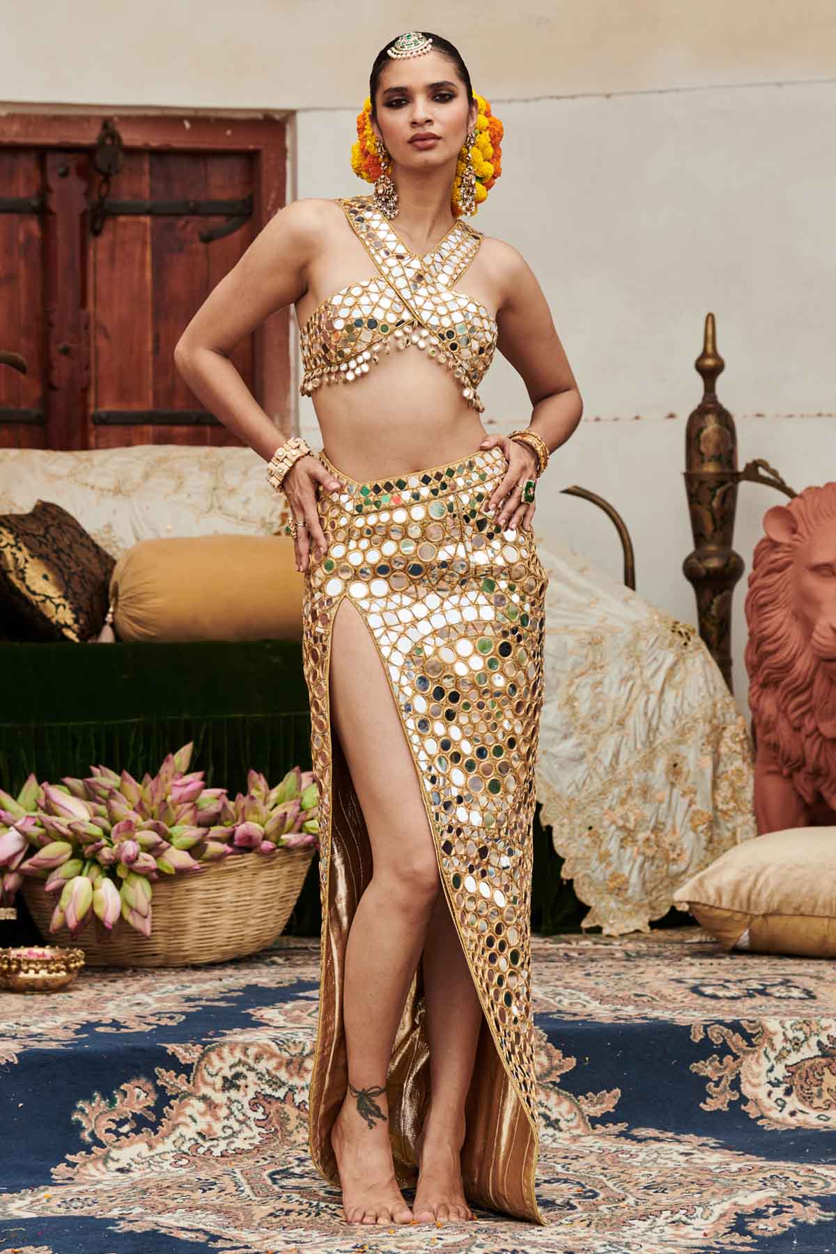 Buy ITRH, Designer Gold Mirror Work Top & Skirt Online