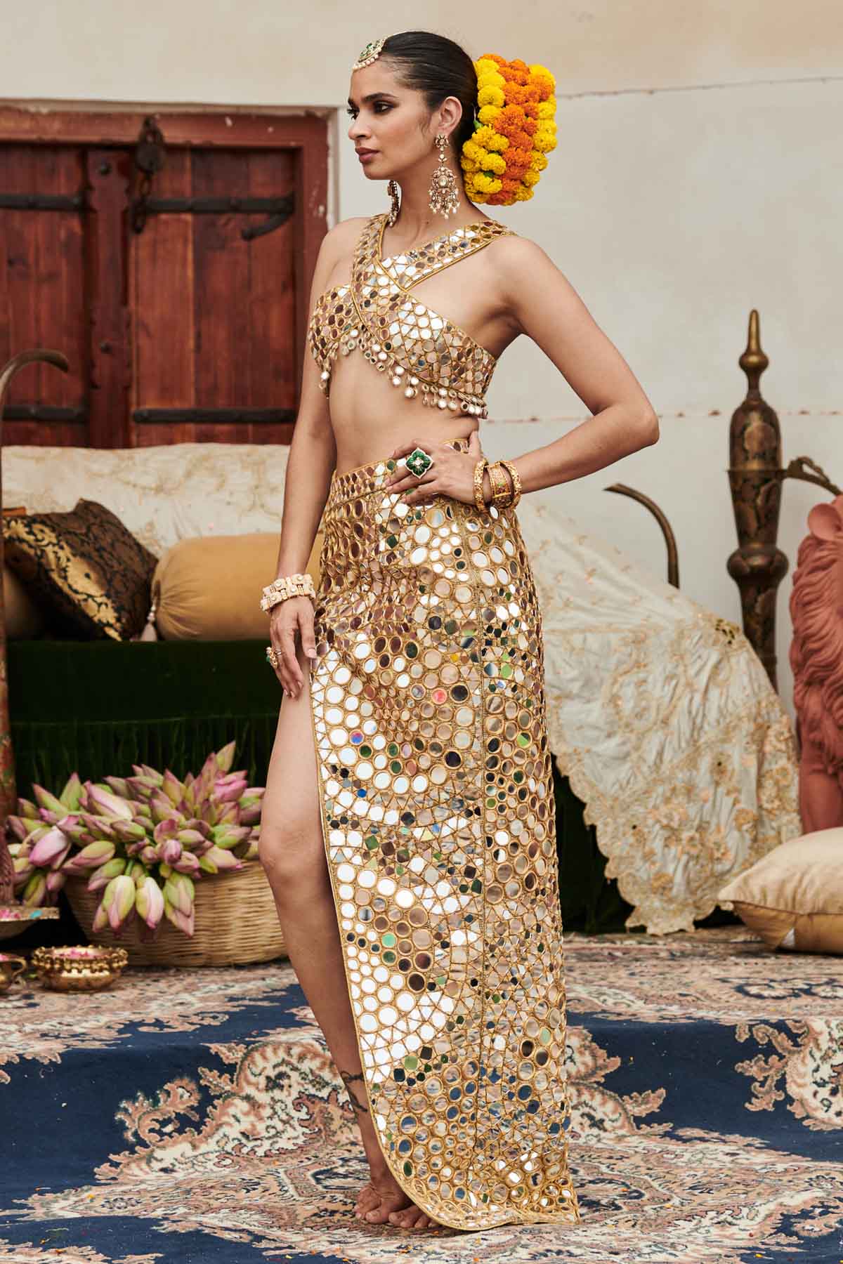 Gold Mirror Work Top & Skirt