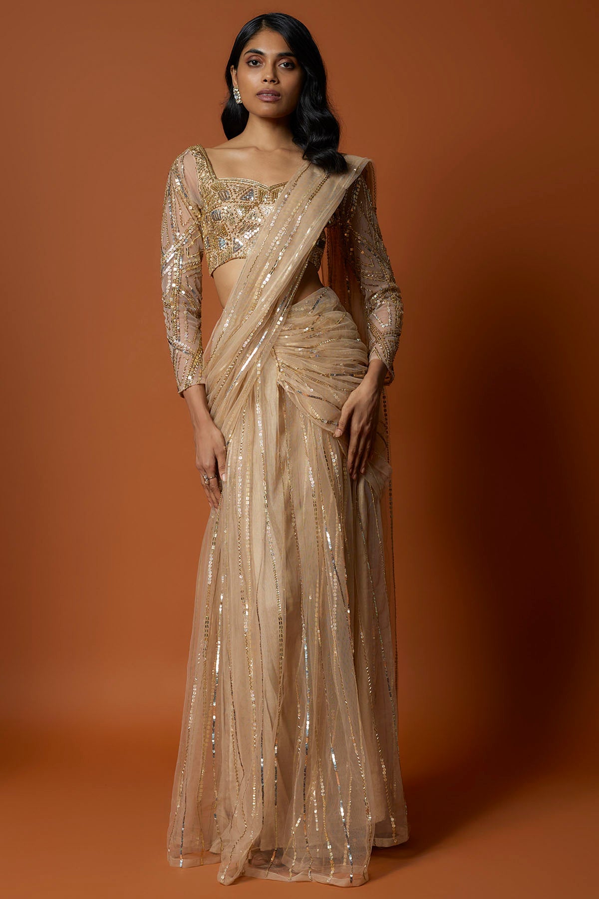 Mehak Murpana Gold Net Pre-Draped Saree Set for Women Online at ScrollnShops
