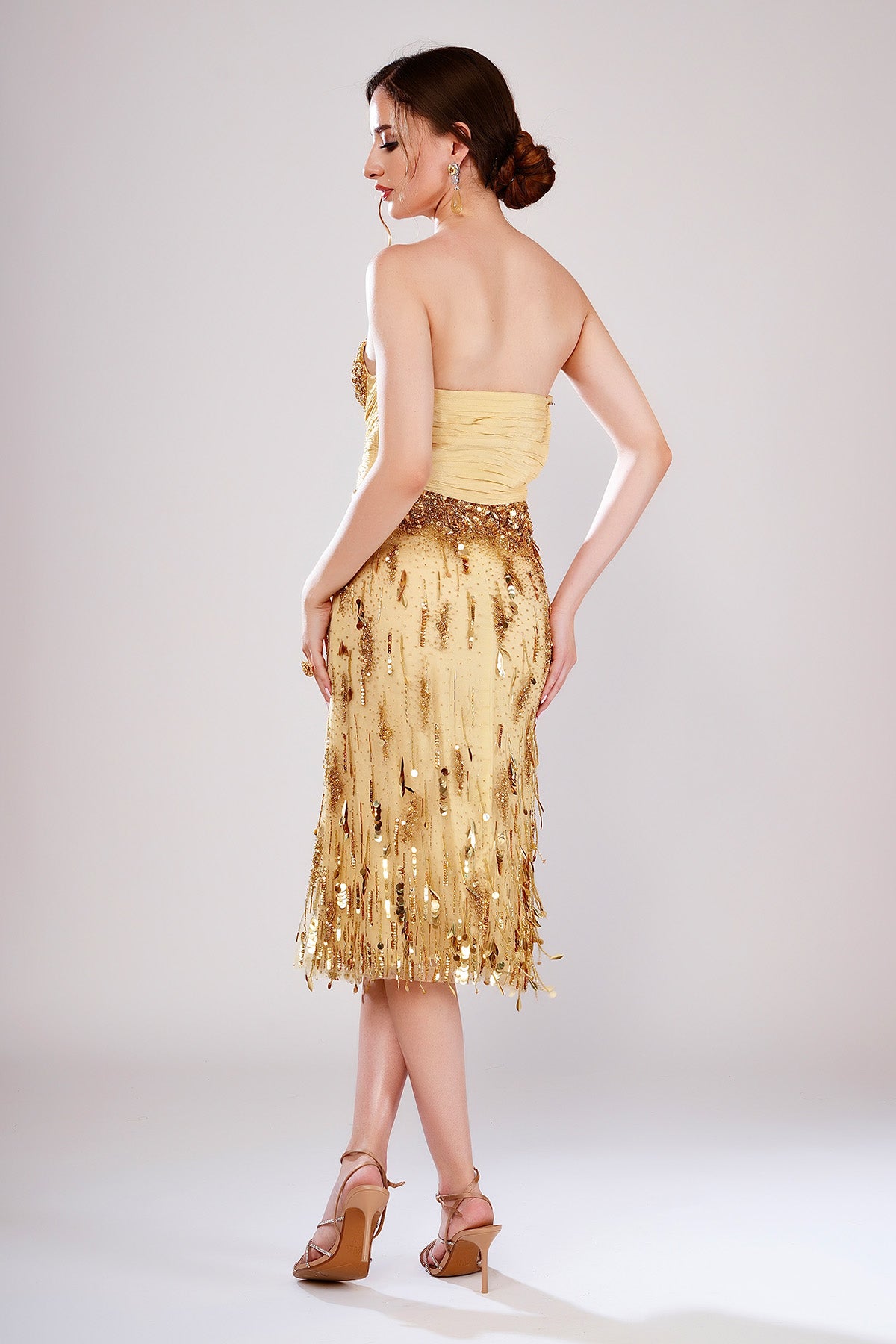 Gold Off Shoulder Midi Dress