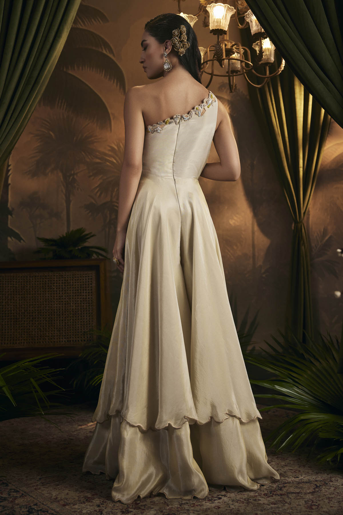 Gold One Shoulder Layer Jumpsuit