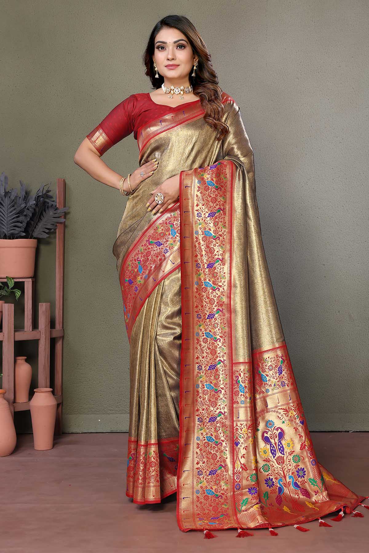 Buy Gold Paithani Woven Fancy Saree for women by Aastha Fashion online available at scrollnshops