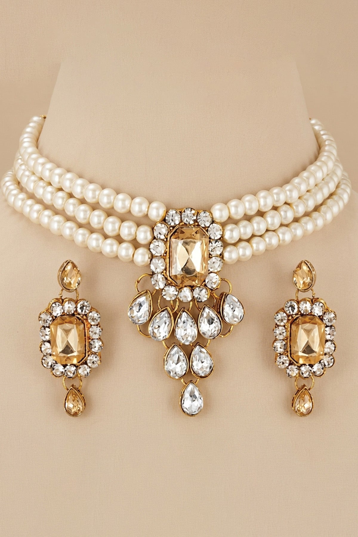 Gold Pearl & Crystal Choker Set