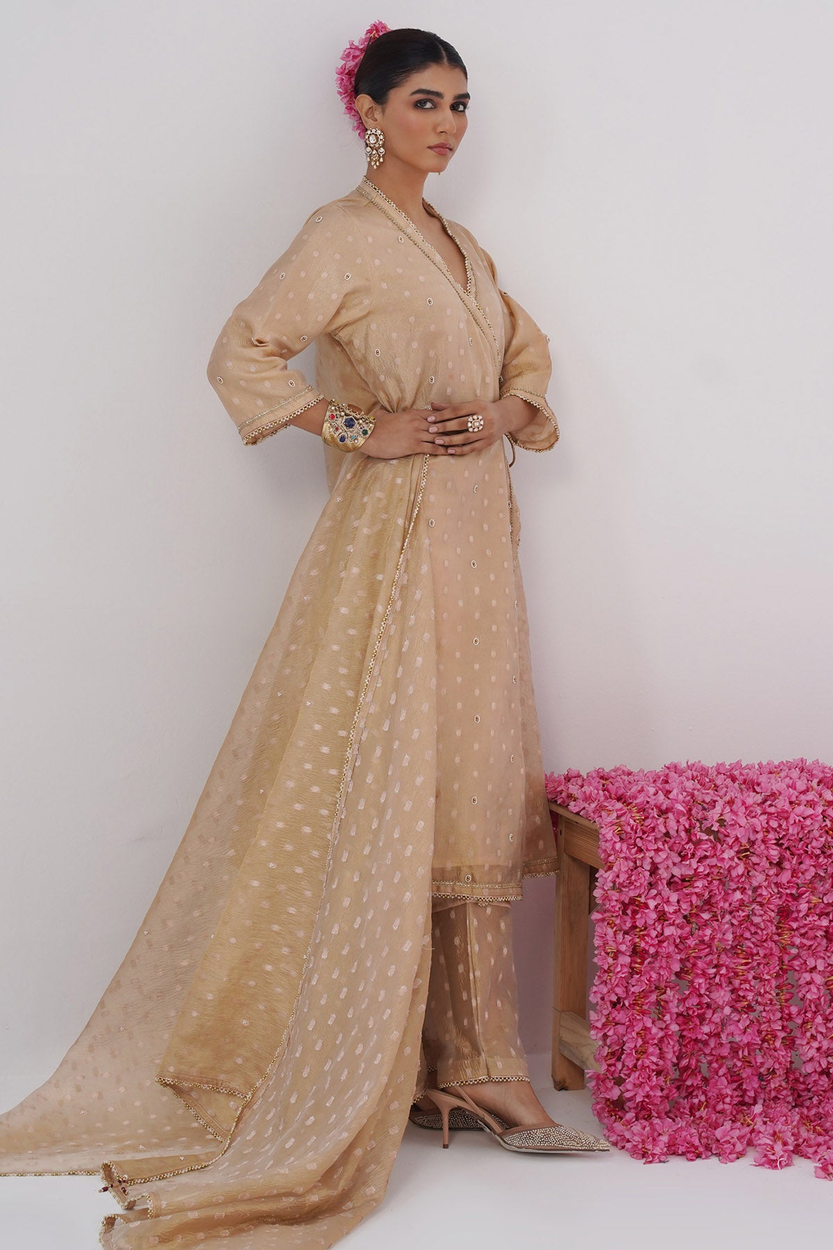 Gold Pearl Embroidery Kurta Set