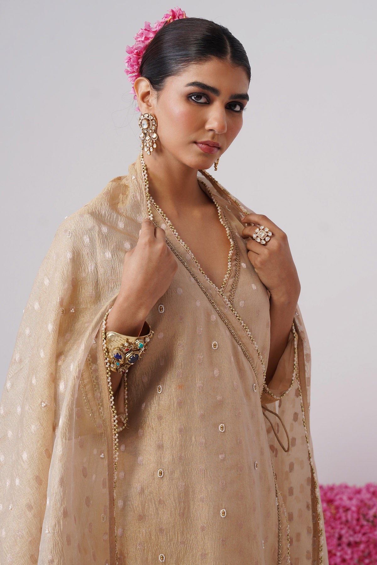 Gold Pearl Embroidery Kurta Set