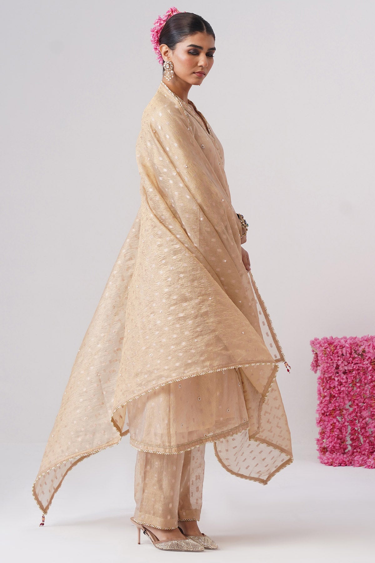 Gold Pearl Embroidery Kurta Set