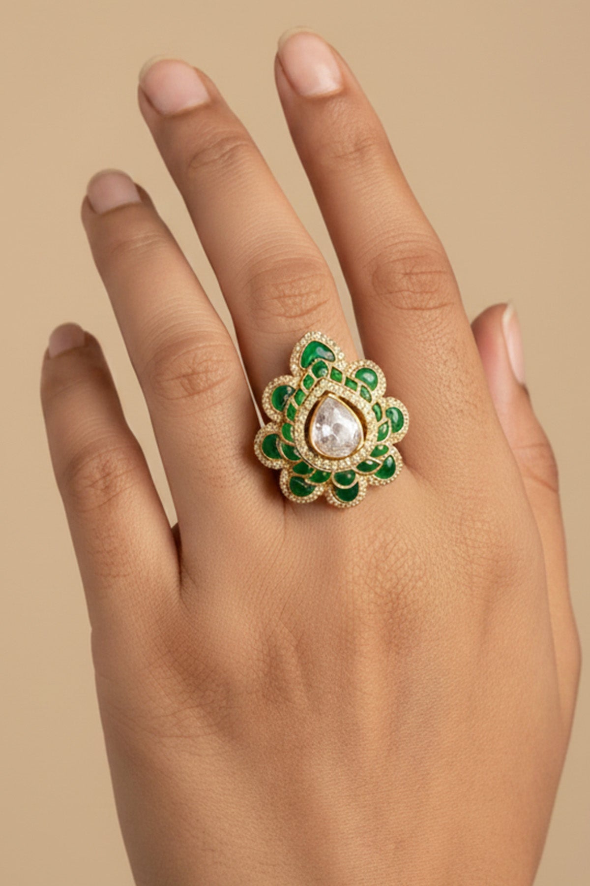 Buy Gold Plating Green Polki Ring for women by Sica online available at scrollnshops