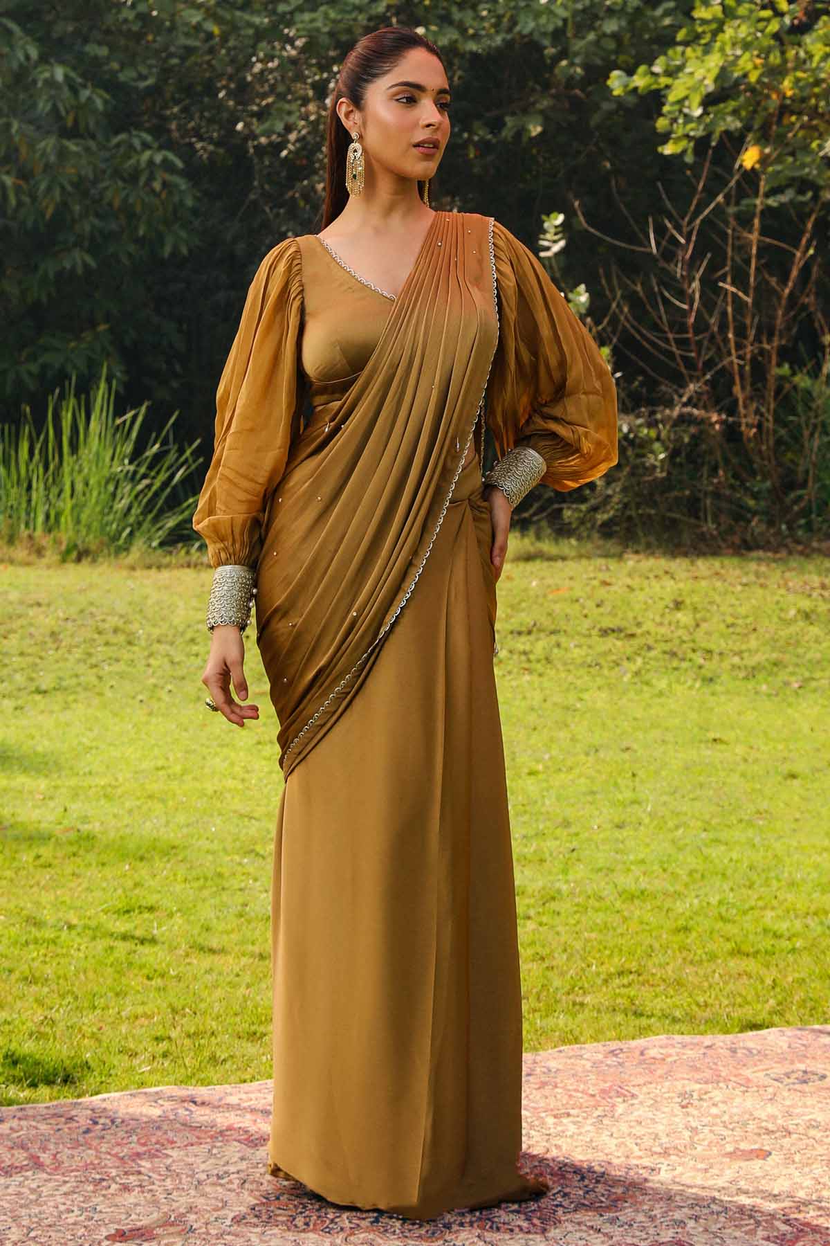 Buy Gold Pre-Drape Saree & Blouse Online