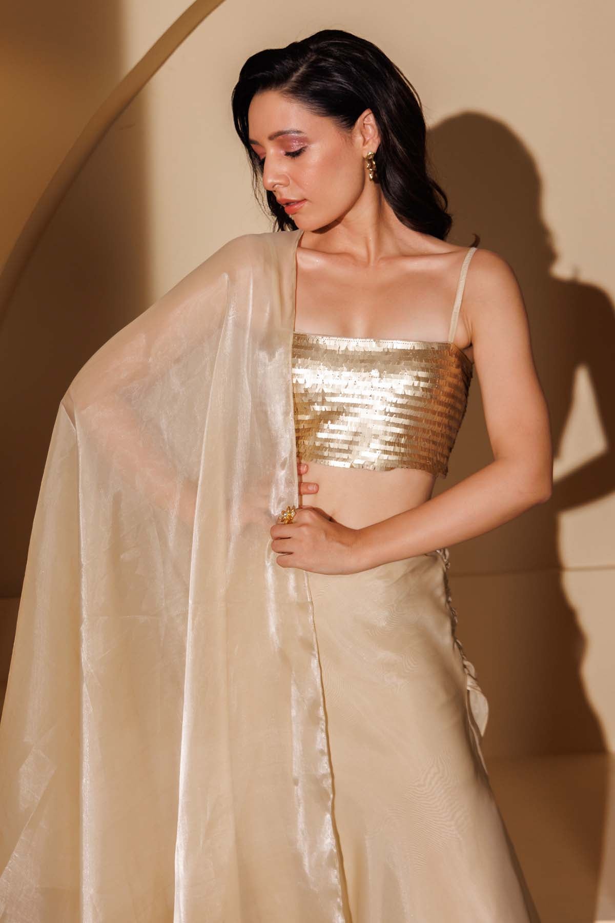 Gold Pre-Draped Saree & Bustier