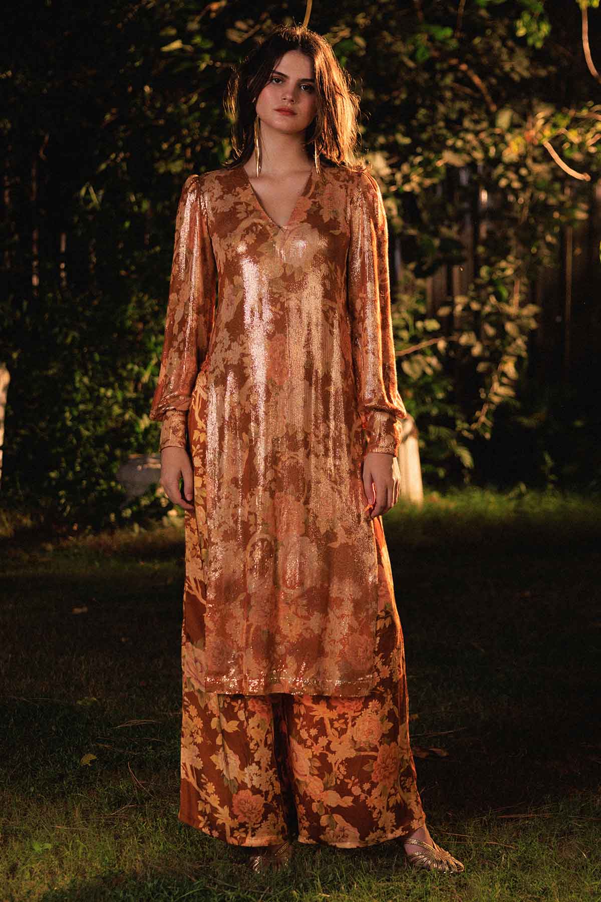 Buy Gold Print Sequin Kurta & Pants for women by Reena Sharma online available at scrollnshops