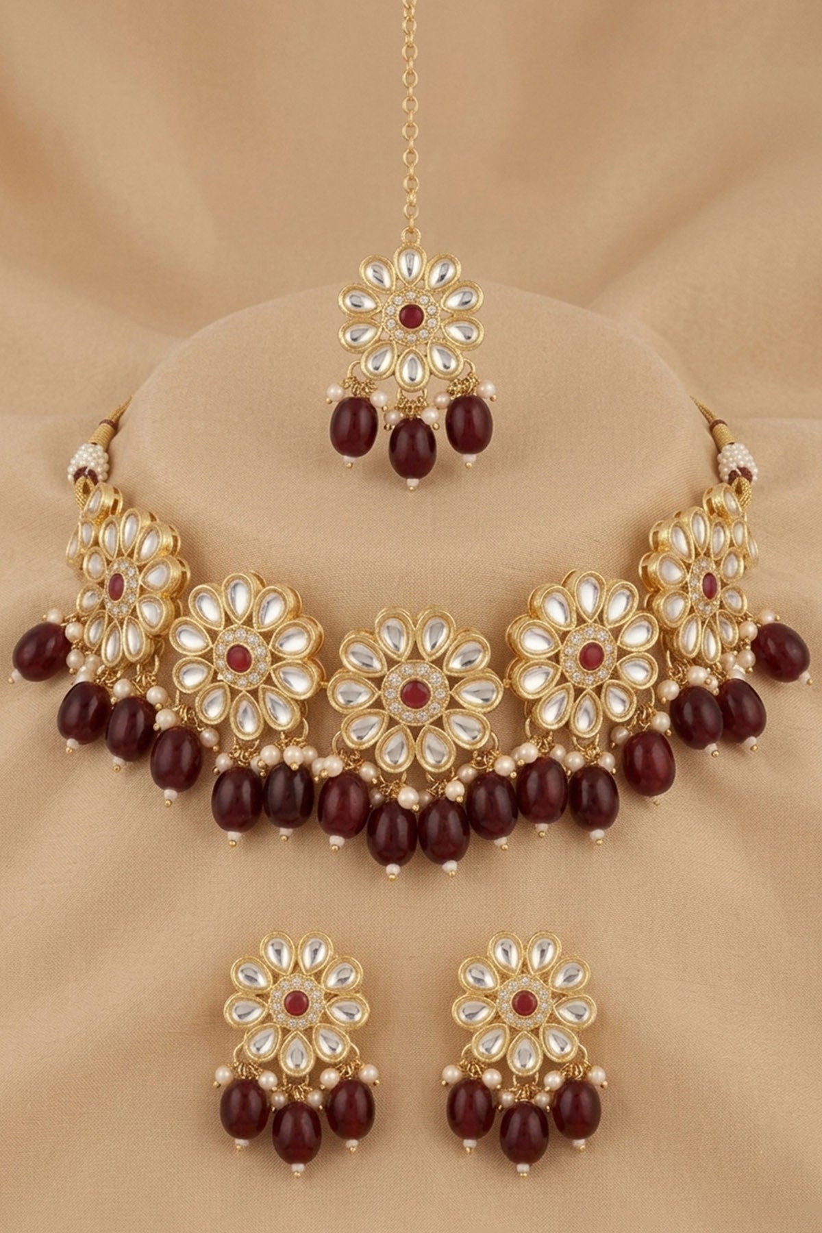 Gold Red Floral Jewellery Set