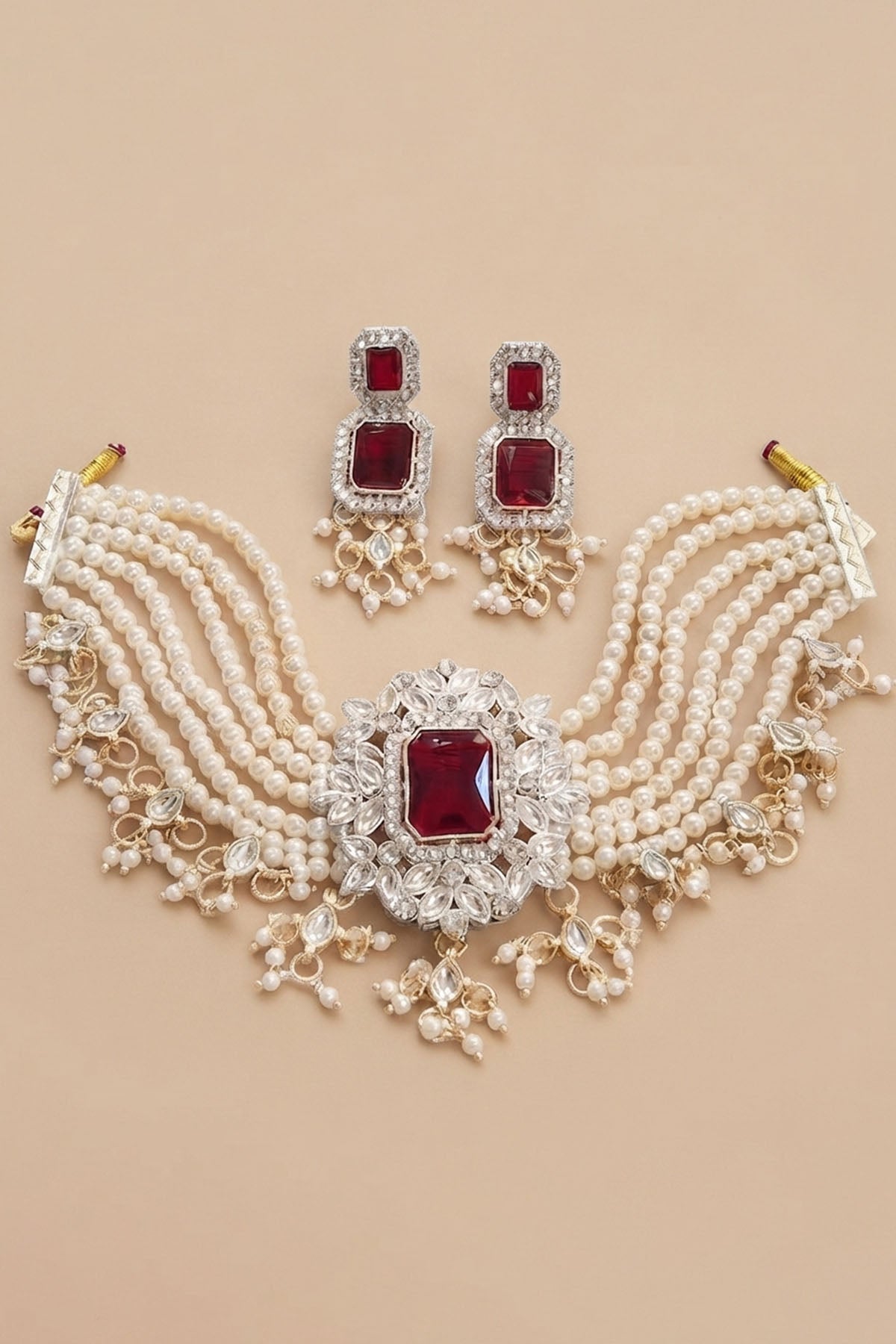 Gold Red Stoned Jewellery Set