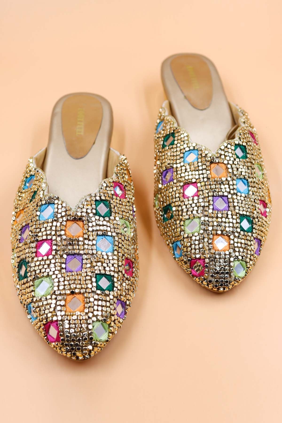 Foot Fuel Gold Rexine Bead Work Mules for accessories online at ScrollnShops