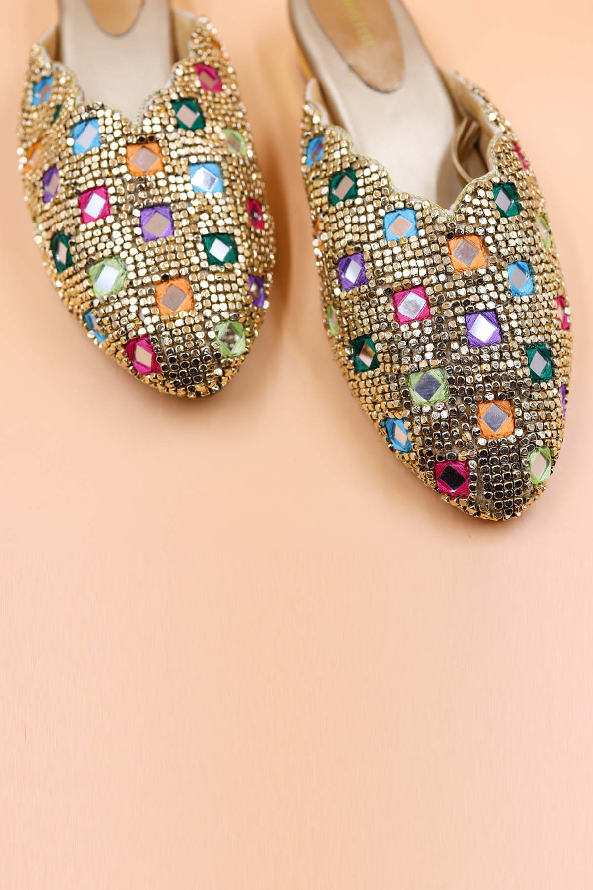 Gold Rexine Bead Work Mules